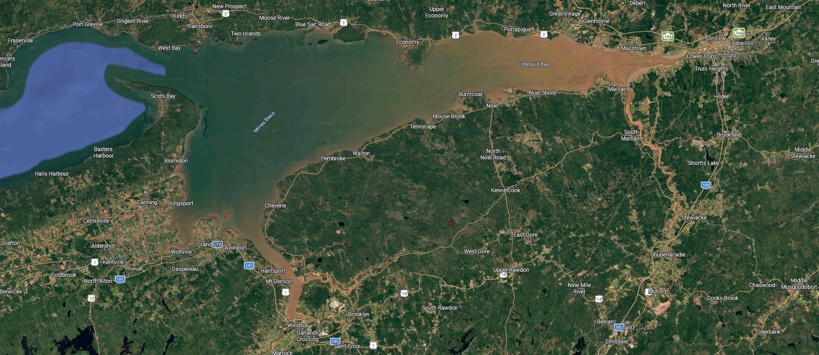 Satellite image of Minas Basin, Cobequid Bay and connecting rivers